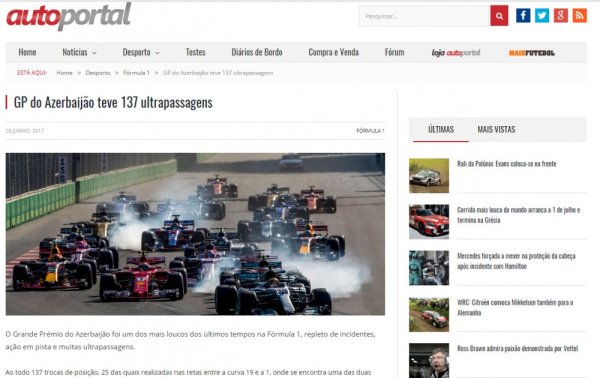 Portuqaliya portalı “Formula-1” Azərbaycan Qran-Prisindən yazır